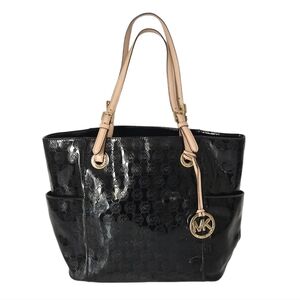 Michael Kors Black Patent Leather Jet Set Signature Logo Tote Handbag with COA